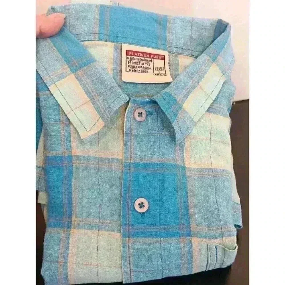 Fubu‎ Platinum Mens Blue Plaid Short Sleeve, Size L